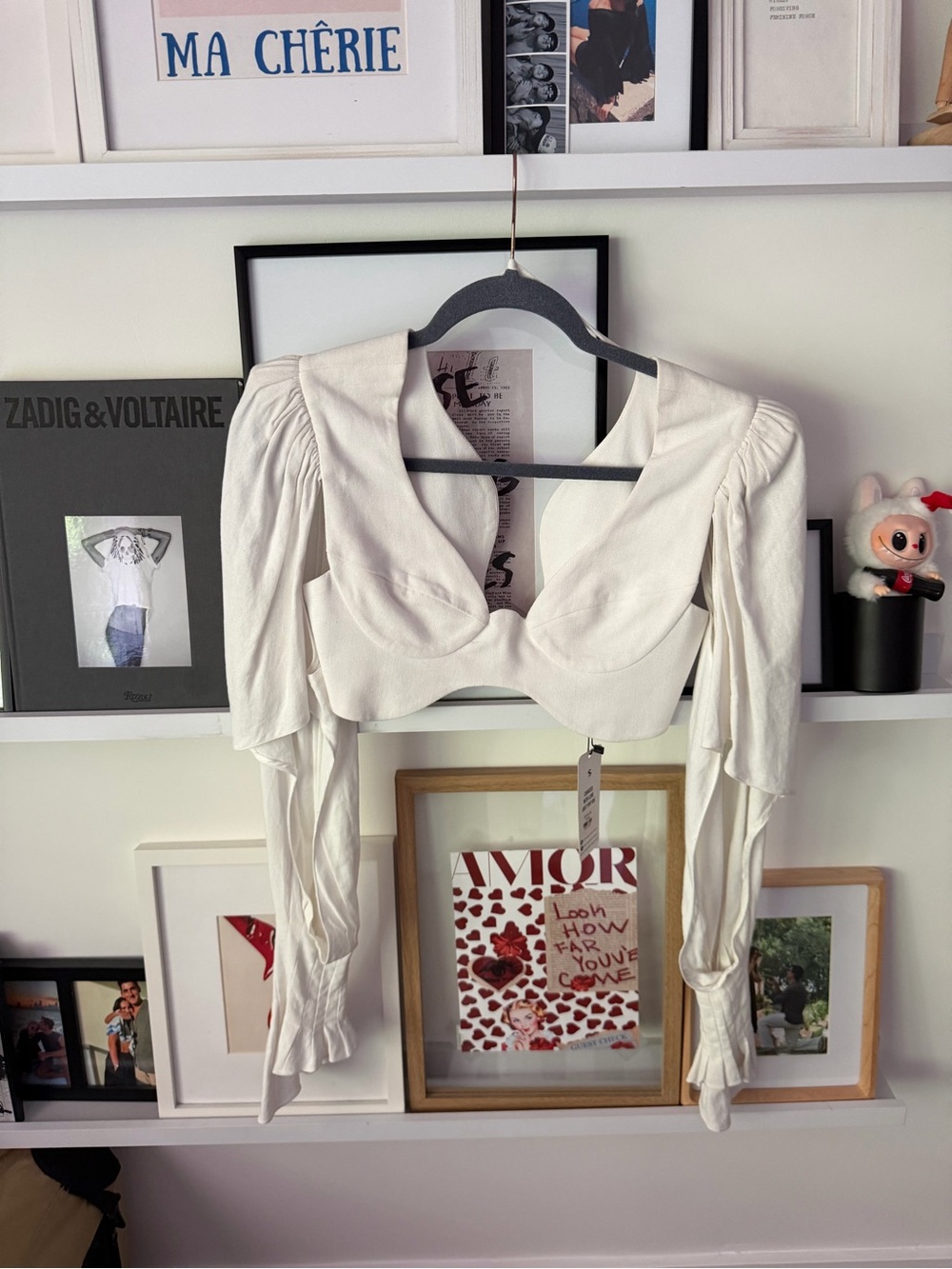 Cropped Linen White Puff-Sleeve Top with Deep V Neckline